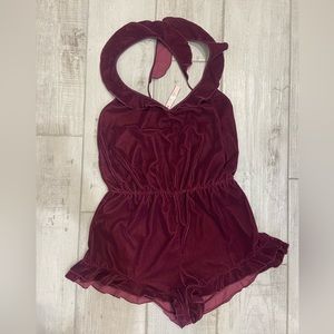 NWT Victoria's Secret Velvet Ruffle Lounge Romper Purple Maroon Size Medium